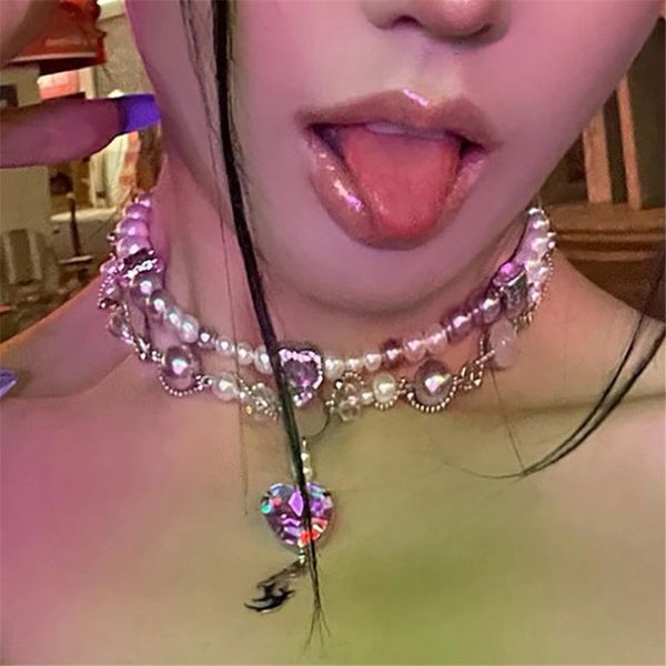 

pendant necklaces harajuku purple heart crystal for women party wedding trendy y2k jewelry vintage pearl chains choker, Silver