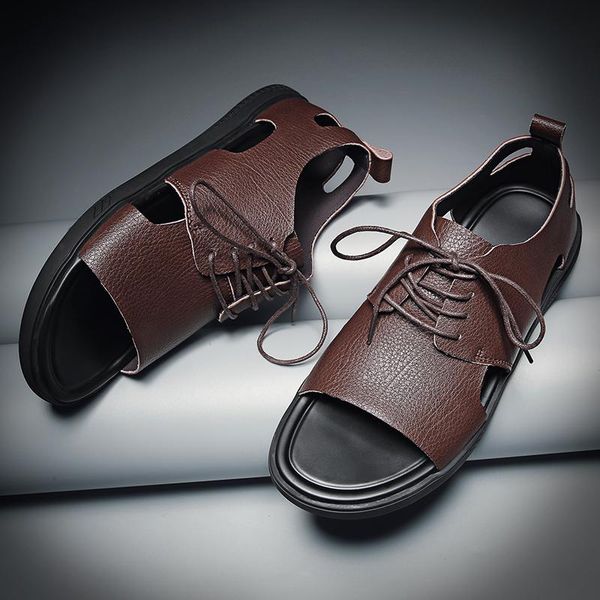 

sandals men leather 2021 genuine shoes outdoor summer beach walking roman split flat handmade black male vietnam breathable