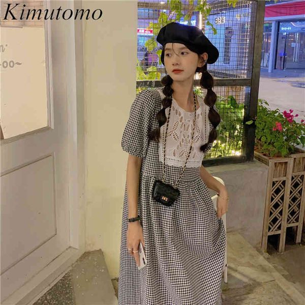 

kimutomo patchwork plaid dresses women o-neck lace short sleeve slimming waist robe female korean style summer elegant 210521, Black;gray
