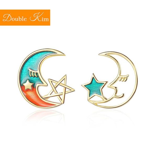 

stud gradient moon cute stars earrings copper inlaid zircon asymmetry gold fashion trendy women jewelry gift, Golden;silver