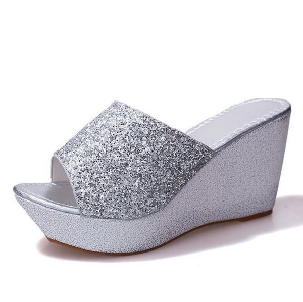 

summer 2021 sequined slipper wedges and platform sandals for women, Black