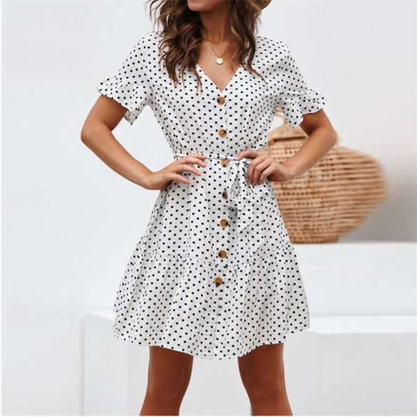 

casual wave point high waist lace up v-neck ruffle women's dress, Black;gray