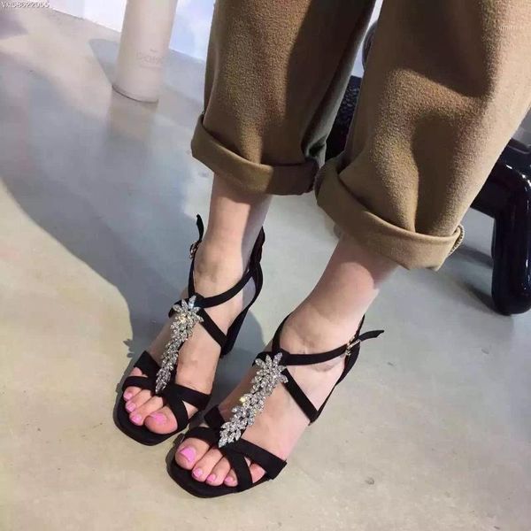 

dress shoes womens sandals summer 2021 sandale femme t-strap heels sandalias para fiesta 10cm rhinestone, Black
