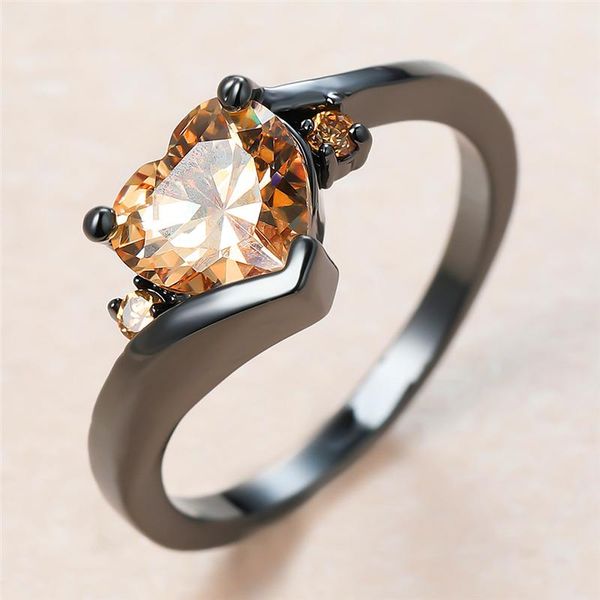 

wedding rings trendy female champagne crystal thin ring charm 14kt black gold for women luxury bride love heart engagement, Slivery;golden