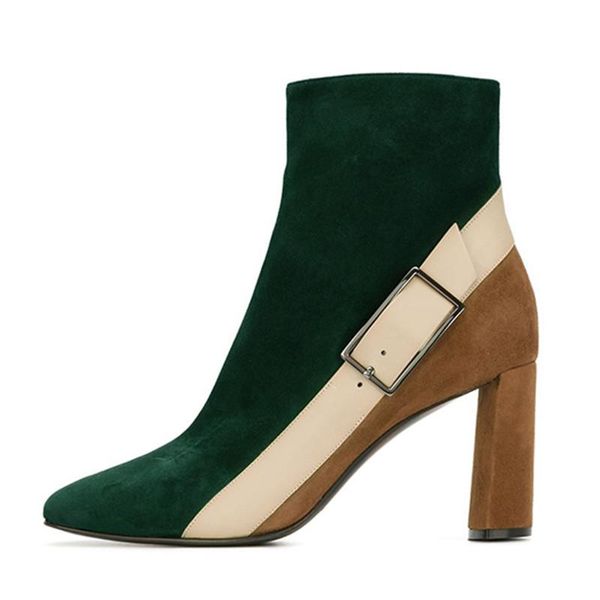 

boots green suede women ankle belt buckle short booties mixed color chunky high heel shoes woman autumn botas mujer, Black