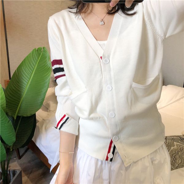 

21 spring autumn tb four bar classic for men and women couple white v-neck knitted cardigan sweater coat, White;black