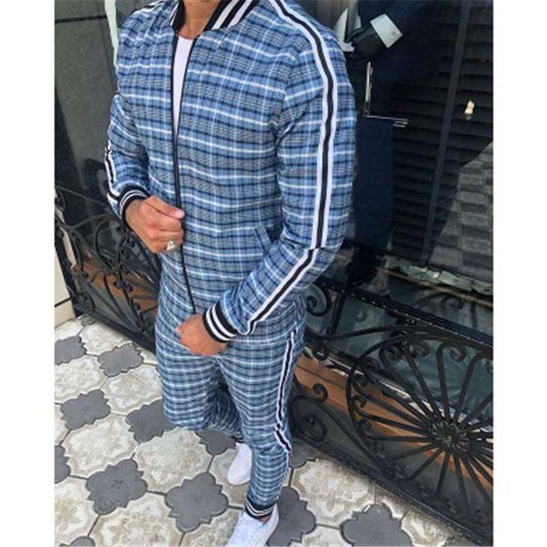 

mens lattice pattern tracksuits fashion trend zipper jackets long pants sportwears designer spring male outdoor casual sports 2piece sets, Gray