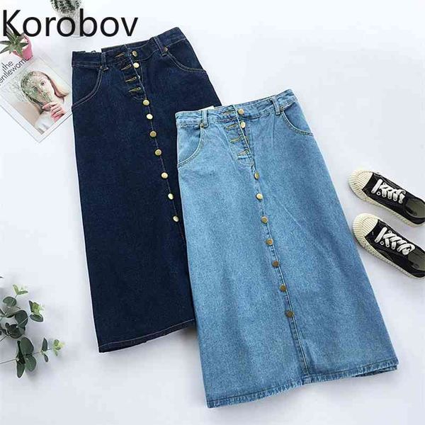 

korobov preppy style a-line women skirts korean high waist single breasted denim skirts vintage pockets faldas mujer 210430, Black