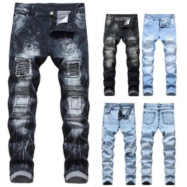 

men's jeans ripped patchwork trend denim pant hip hop skinny, Blue