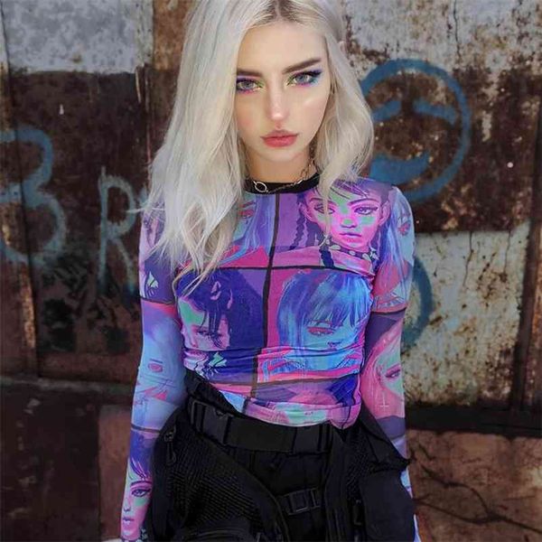 

o-neck mesh female t-shirt aesthetic fashion print summer streetwear casual t-shirts bodycon 90s chic 210426, White
