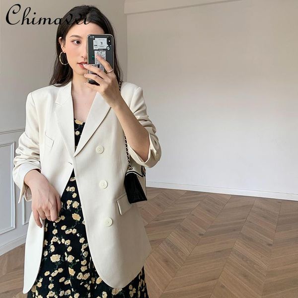 

office lady elegant double breasted long sleeve suit coat women's spring draping creamy white blazer all-match fashion jacket suits & b, White;black