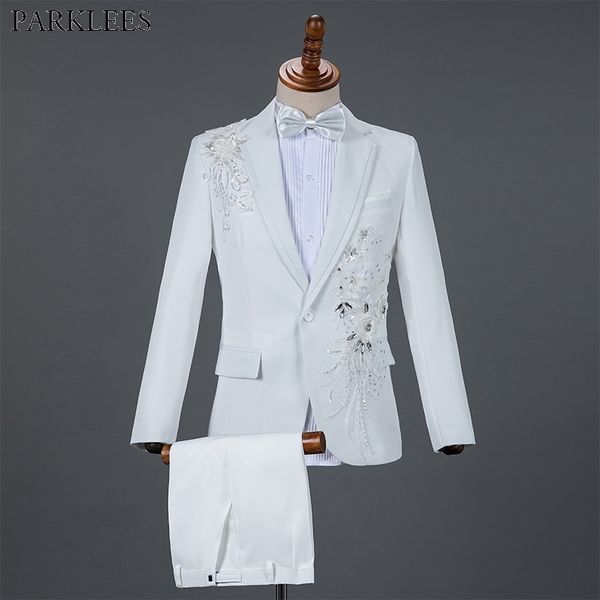 Mens branco lantejoula floral 2 peças vestido terno (jaqueta + calça) um botão entalhado lapela noivo de casamento noivo tuxedo terno macho traje hombre 210522