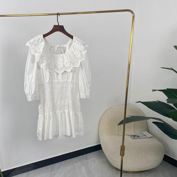 

casual dresses clothes white womens summer frilled folds hollow out embroidery lace patchwork, Black;gray