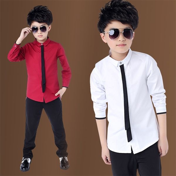 Venda crianças menino's vermelho camisas primavera clássico sólido branco tops algodão camisa de manga comprida para 4-15yrs outono crianças roupas 210713