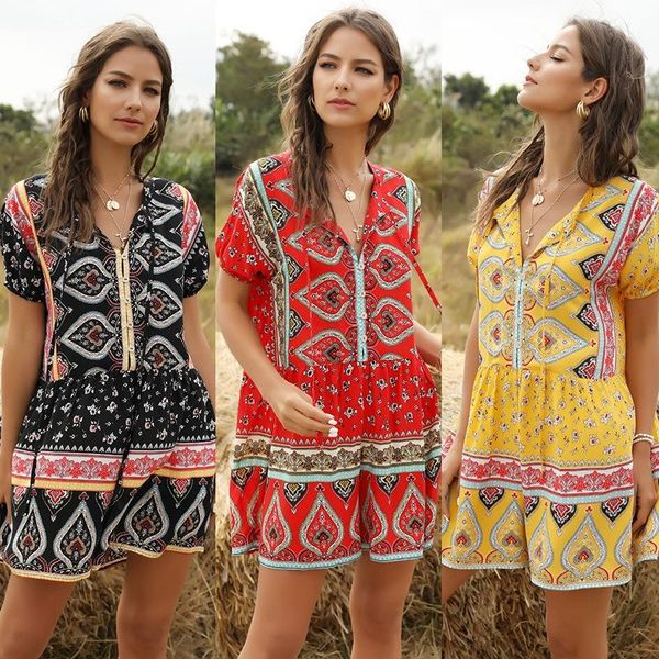

women's jumpsuits & rompers women summer fashion print jumpsuit shorts casual loose short sleeve v-neck boho playsuit, Black;white