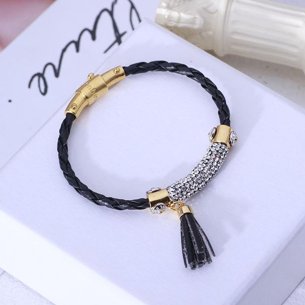 

bangle fashion simple woven leather inlaid zircon couple bracelet, Black