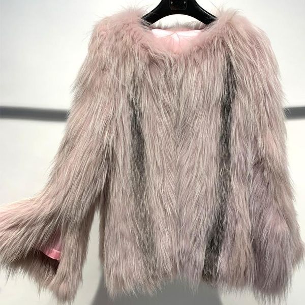 

women's fur & faux knitted jacket ladies real coat women natural, Black