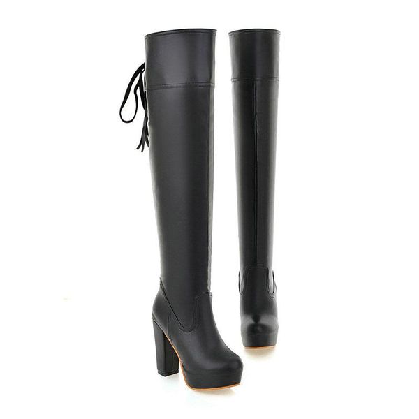 

boots fashion thigh high women platform soft stretch over-the-knee heels designer long shoes lady large size 48, Black