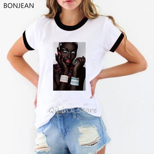 

vintage art black girl mens and womens flower lady print tee femme clothes woman summer white t shirts, White;black