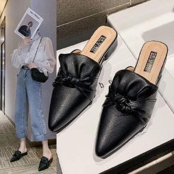 

slippers baotou half for outer wear 2022 spring korean style pointed low heel fashion, Black