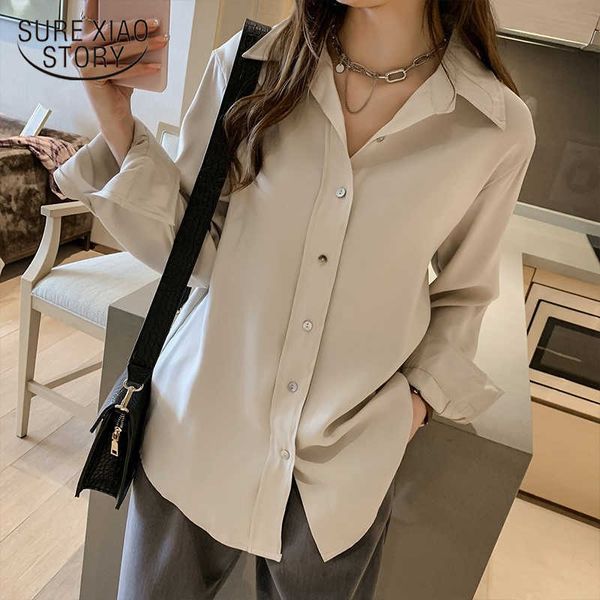 Kore Tarzı Kadın Bluzlar Gömlek Sonbahar Kış Moda Zarif Ofis Bayan Katı Beyaz Bayanlar Chemise Femme Tops 11313 210527