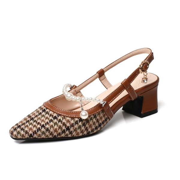 

sandals women retro lady closed toe patchwork sandal apricot brown square 5cm heel summer beading buckle shoes m111, Black