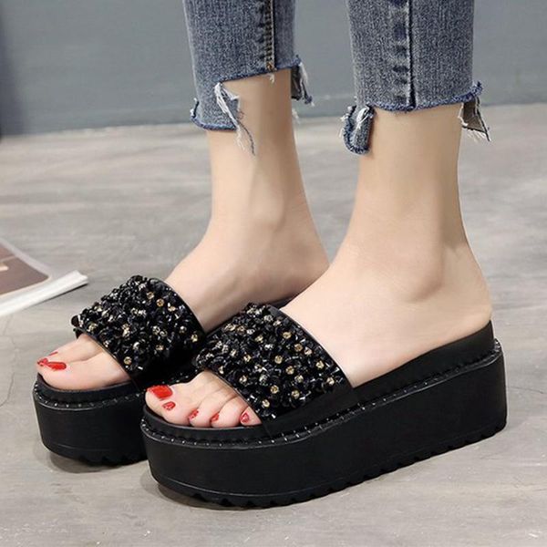 

slippers crystal slip on creepers women outside flipflops platform sandals shoes woman rhinestones studs elevated slides mujer, Black