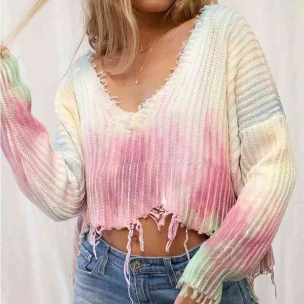 

oversized rainbow knitted pullovers sweater women cropped vintage casual loose sweater jumpers tassel short winter 210415, White;black