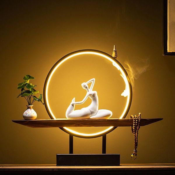 

fragrance lamps yoga girl backflow incense burner with led light smoke waterfall sticks holder gift 20 pcs cones creative home decor