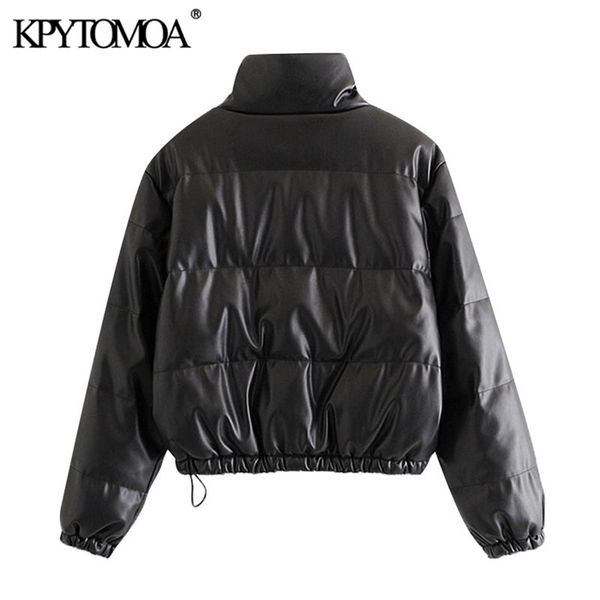 

kpytomoa women fashion faux leather padded jacket thick warm parka coat vintage long sleeve female outerwear chic, Black