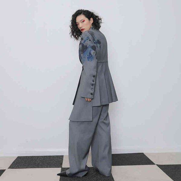 

women's suits & blazers [eam] women gray pattern pleated asymmetrical blazer lapel long sleeve loose fit jacket fashion spring autumn 2, White;black