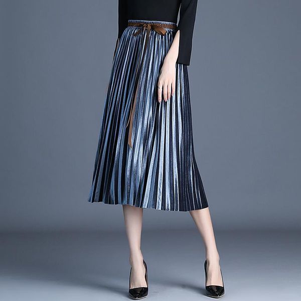

skirts gold velvet skirt female autumn 2021 casual loose bow tie pleated wild elastic high waist long metal color maxi, Black