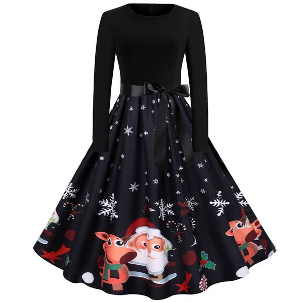 

casual dresses 40# christmas print maxi dress women vintage long sleeve waist bandage a line party swing pleated high xmas, Black;gray