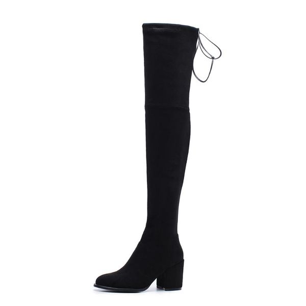 

boots acedichy 2022 spring/winner modern over the knee stretch slip on round toe thick heel faux suede mature office lady shoes, Black