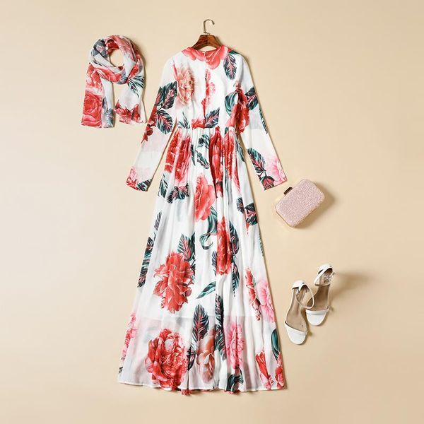 

casual dresses runway maxi spring long dress lady sleeve retro peony flower printed ankle-length elegant with scarf, Black;gray