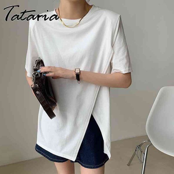 

summer t shirt korean solid short sleeves split fork all match stylish femme basic gray loose cotton t-shirts 210514, White