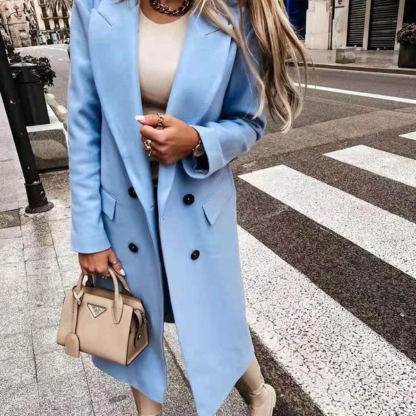 

women's wool & blends fashion long sleeve women outerwear 2021 elegant lady double button overcoat autumn winter loose turn-down collar, Black