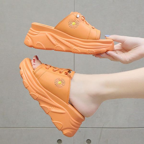 

slippers summer women chunky leather designers 5cm high wedges shoes outside woman platform sandals lace up beach casual slides, Black