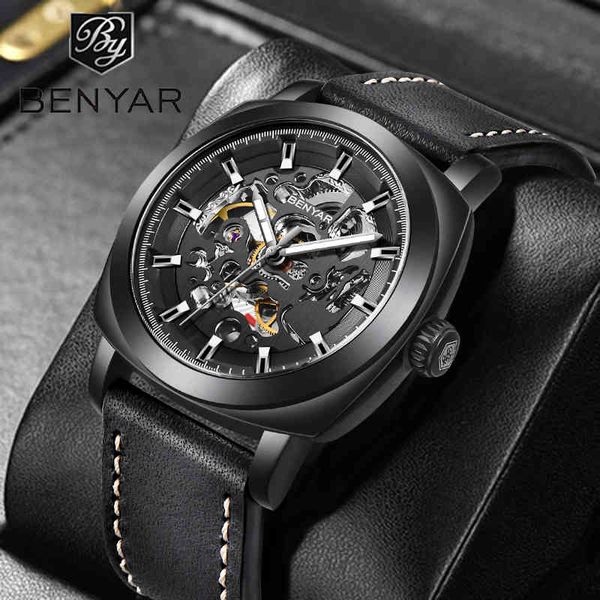 

2021 nieuwe benyar automatische mechanische horloge luxe merk mannen mode lederen band waterdicht militaire ontwerp s, Slivery;brown