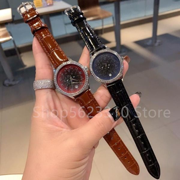 

wristwatches 33mm cz quartz wristwatch sapphire date clock fashion 12 constellation dial watches ladies leather calendar watch, Slivery;brown