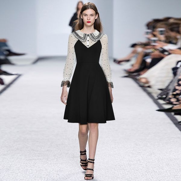 

lapel long sleeve vintage lady dress new fall 2021, Black;gray