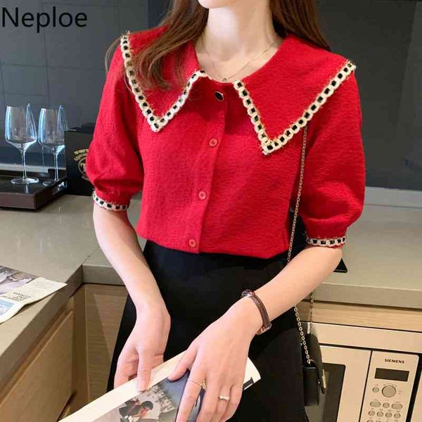 

neploe women blouses summer button up shirts chiffon blouse puff sleeve korean temperament blusas mujer de moda 210422, White