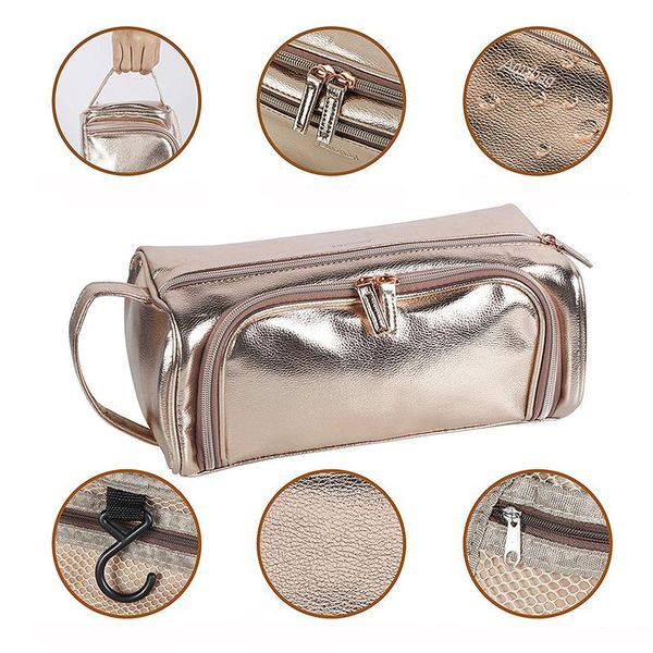 

women's washing storage bag rose gold portable pu leather high capacity vintage travel cosmetic toiletry for women bags & cases