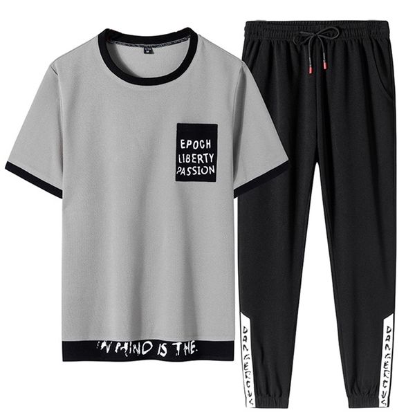 

plus size summer men t-shirt sets 2 piece short sleeved sportswear tracksuit men casual jogger sweat suits 6xl 7xl 8xl 210722, Gray