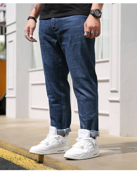 

men jean plus size long relaxed fashion blank blue solid zippered heavyweight jeans classical comfortable loose winter jeans for youngest