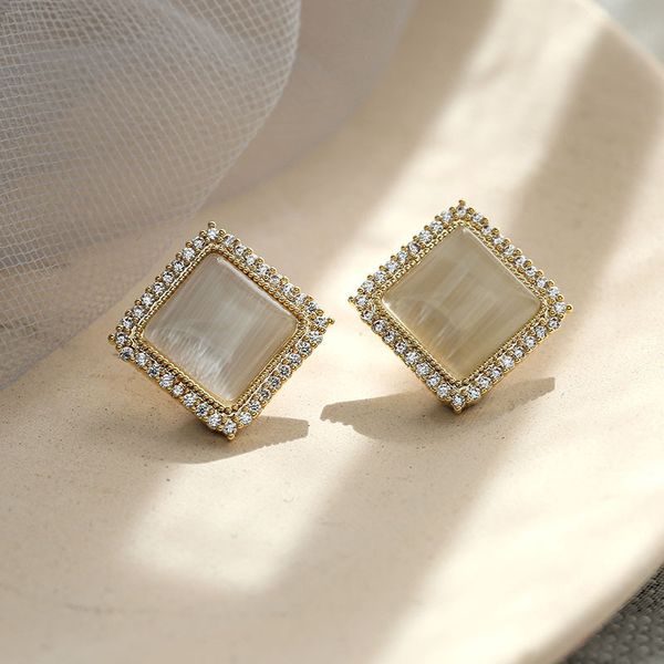 

cat's eye stone temperament earrings allergy jewelry s925 silver needle super flash personality design geometric square earrings, Golden