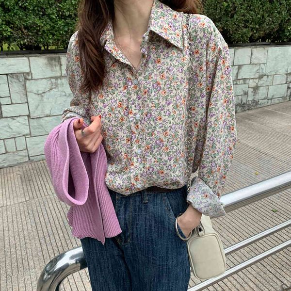 

sweet full sleeves arrival vintage printed flowers all match shirts women loose stylish blouses 210421, White