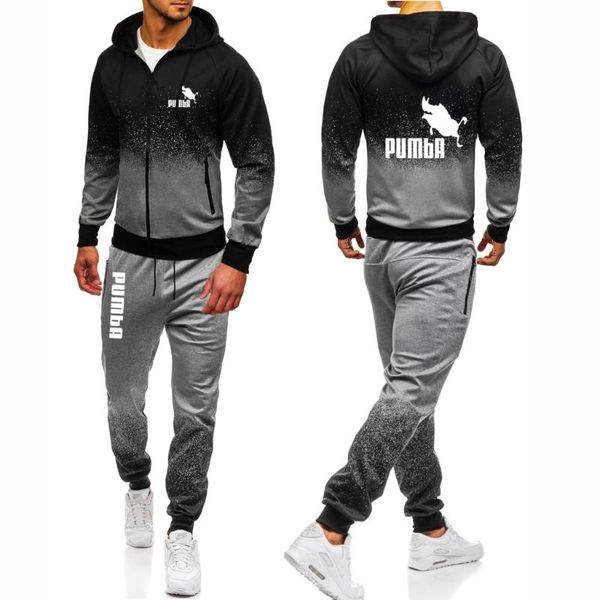 

men's tracksuits 2021 fashion jackets pumba zippers hoodies printing outdoor sweatshirt +pants gradient spring and autumn sportswear su, Gray