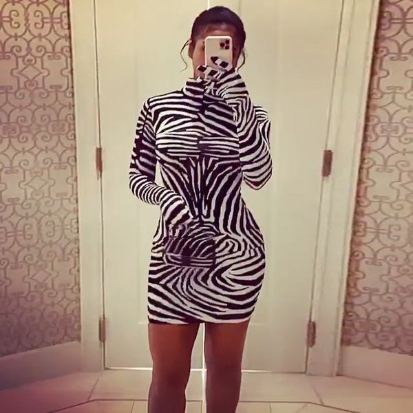 

of ladies autumn and winter 2021 printed thin trimming trim tall turtleneck dress for woman, Black;gray