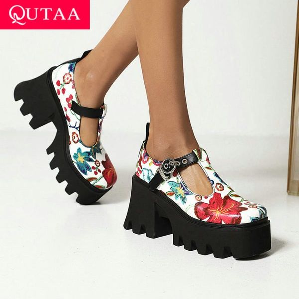 

dress shoes qutaa 2021 square high heels pu leather spring autumn women casual round toe buckle female size 35-43, Black